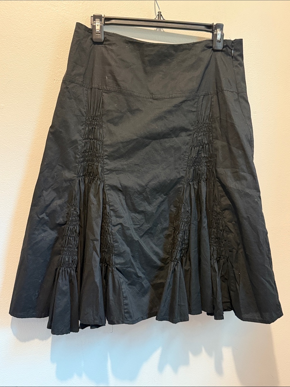 Apostrophe 10 Cotton Black Flared Midi Skirt with Smocked Gathered Panels